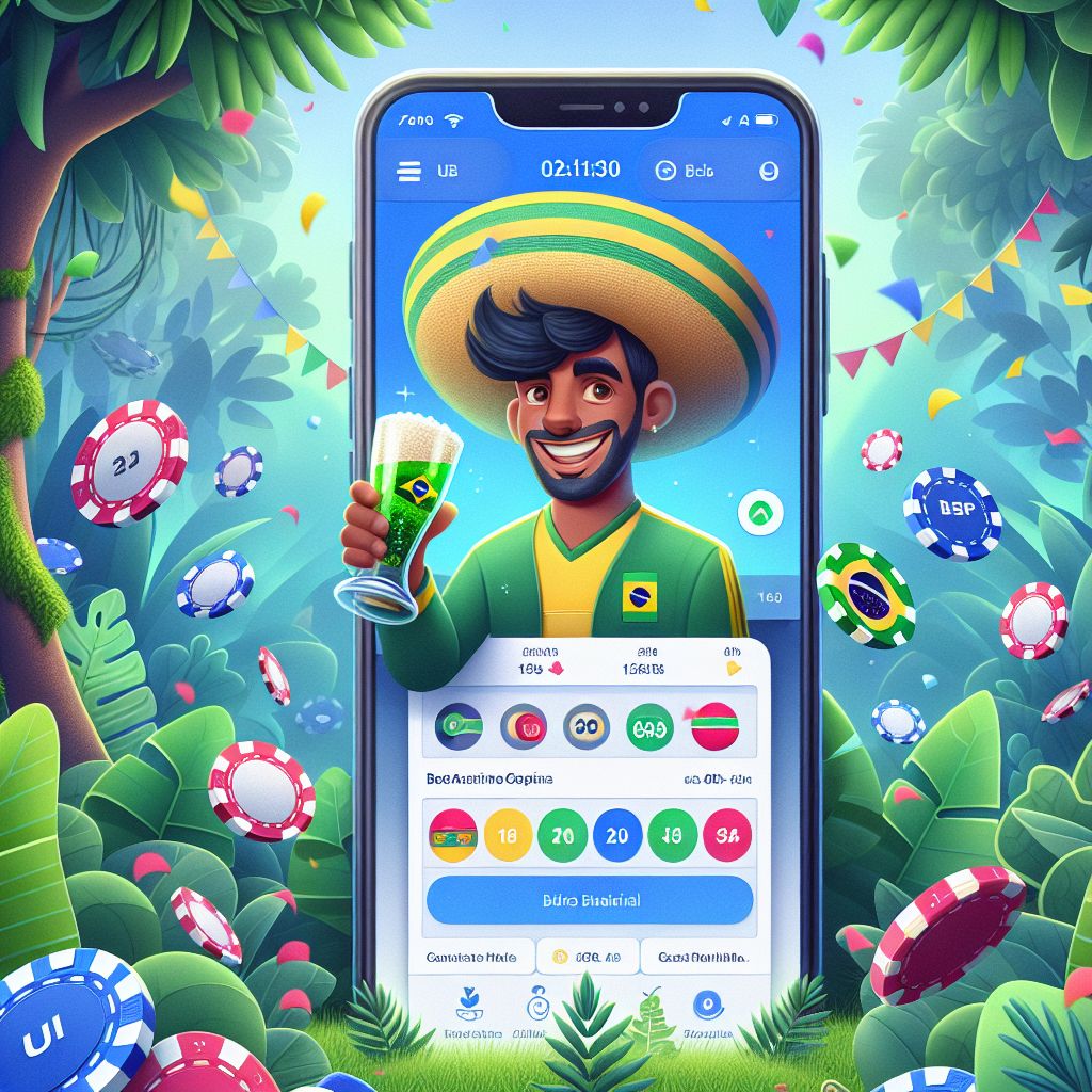 Personagem de desenho animado segurando um smartphone com a interface de um app de apostas, moedas e ícones esportivos ao redor