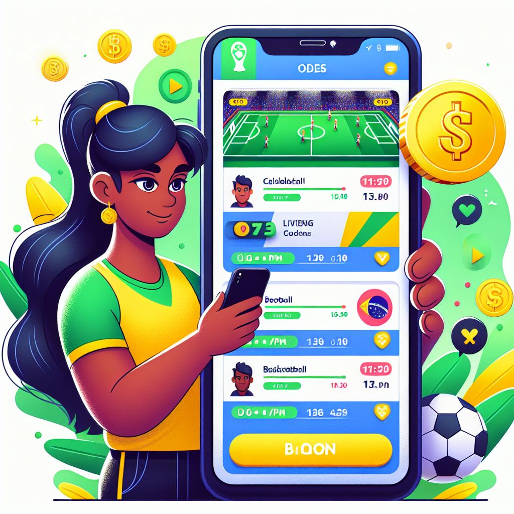 Personagem de desenho animado com tema 985bet conferindo odds ao vivo em um telefone com ícones esportivos e moedas