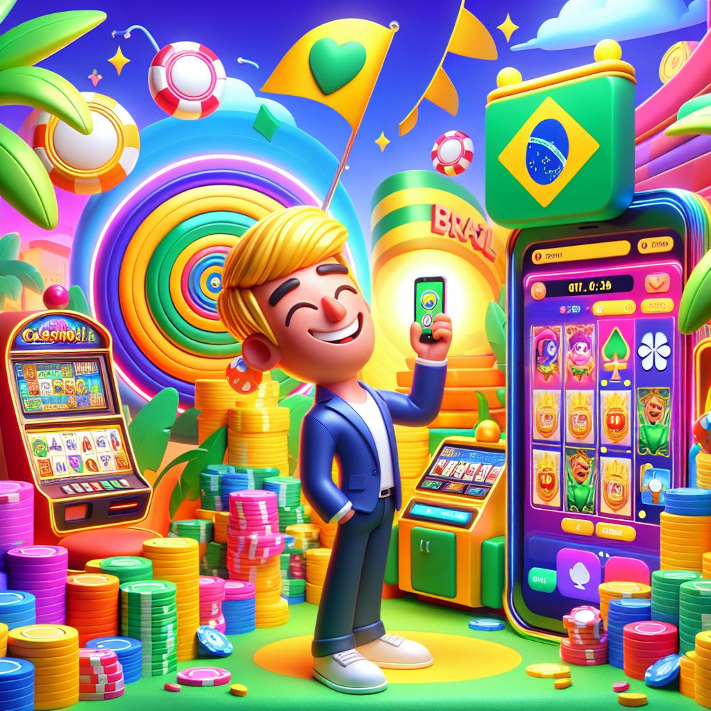 Personagem de desenho animado do 985bet Casino segurando fichas e um telefone em uma cena brilhante de cassino