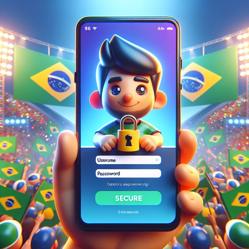 Personagem de desenho animado segurando um telefone com uma tela de login segura e marca 985bet