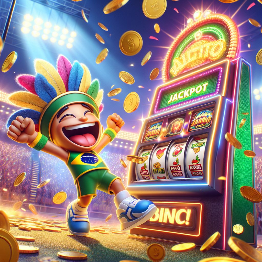 985bet cartoon character spinning a colorful slot machine with coins and jackpot lights